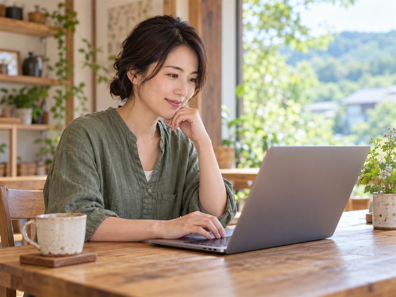 女性がノートパソコンで問い合わせ内容を考えている様子